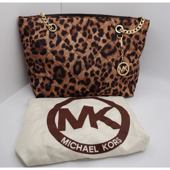 Michael Kors Brown Leopard Print Satin Leather Tote Quilted Academia Chic 36-12 - Picture 15 of 16